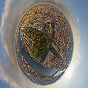 view of city from above through a 360° lens